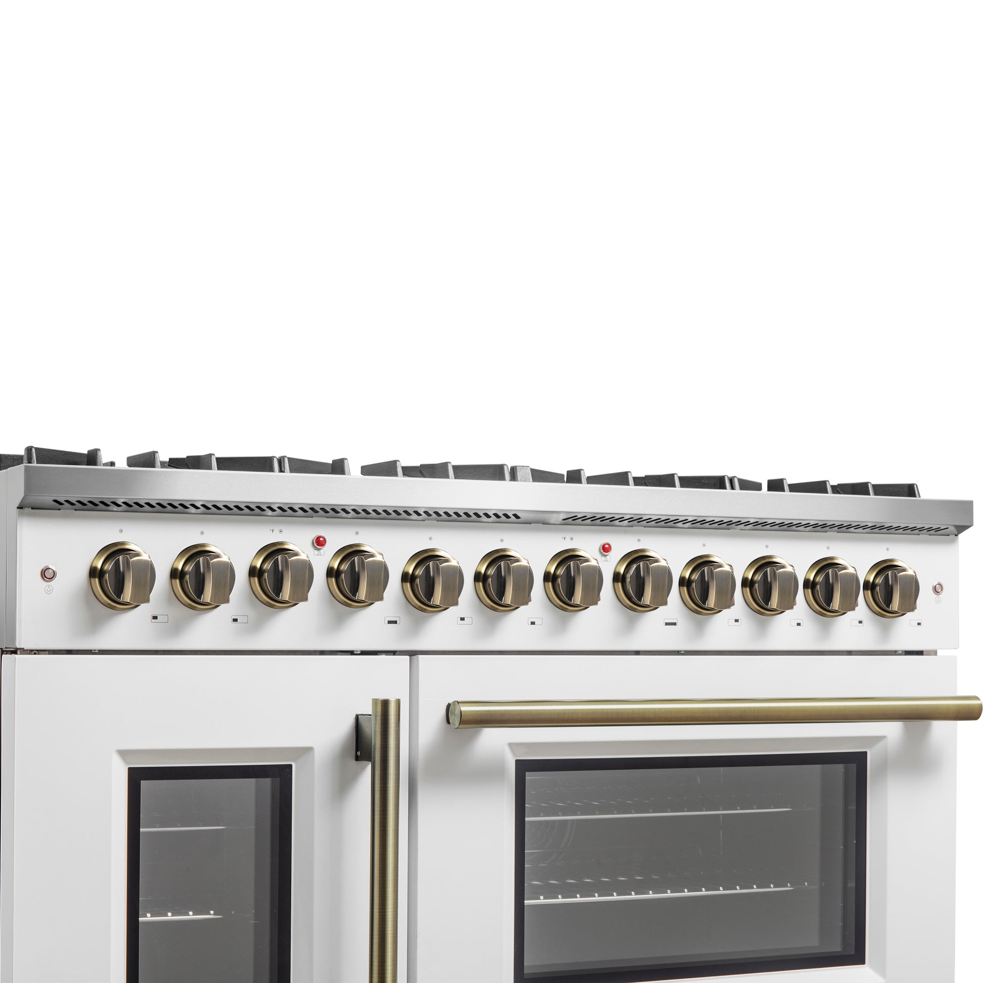 Forno Galiano 48-inch French Door Dual Fuel Range, White & Antique Brass Design, 8 Sealed Burners - 107,000 BTU, Griddle, 6.58 cu.ft. Double Ovens - Forno Appliances