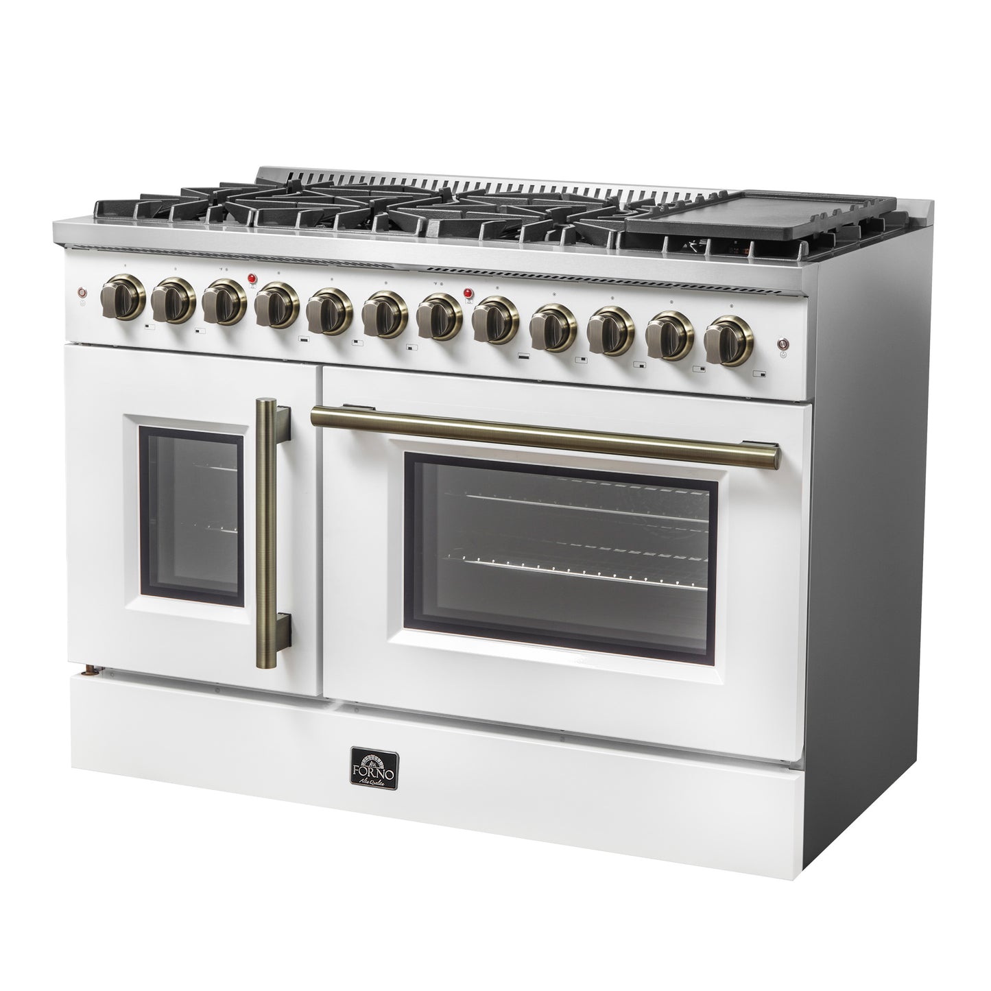 Forno Galiano 48-inch French Door Dual Fuel Range, White & Antique Brass Design, 8 Sealed Burners - 107,000 BTU, Griddle, 6.58 cu.ft. Double Ovens - Forno Appliances