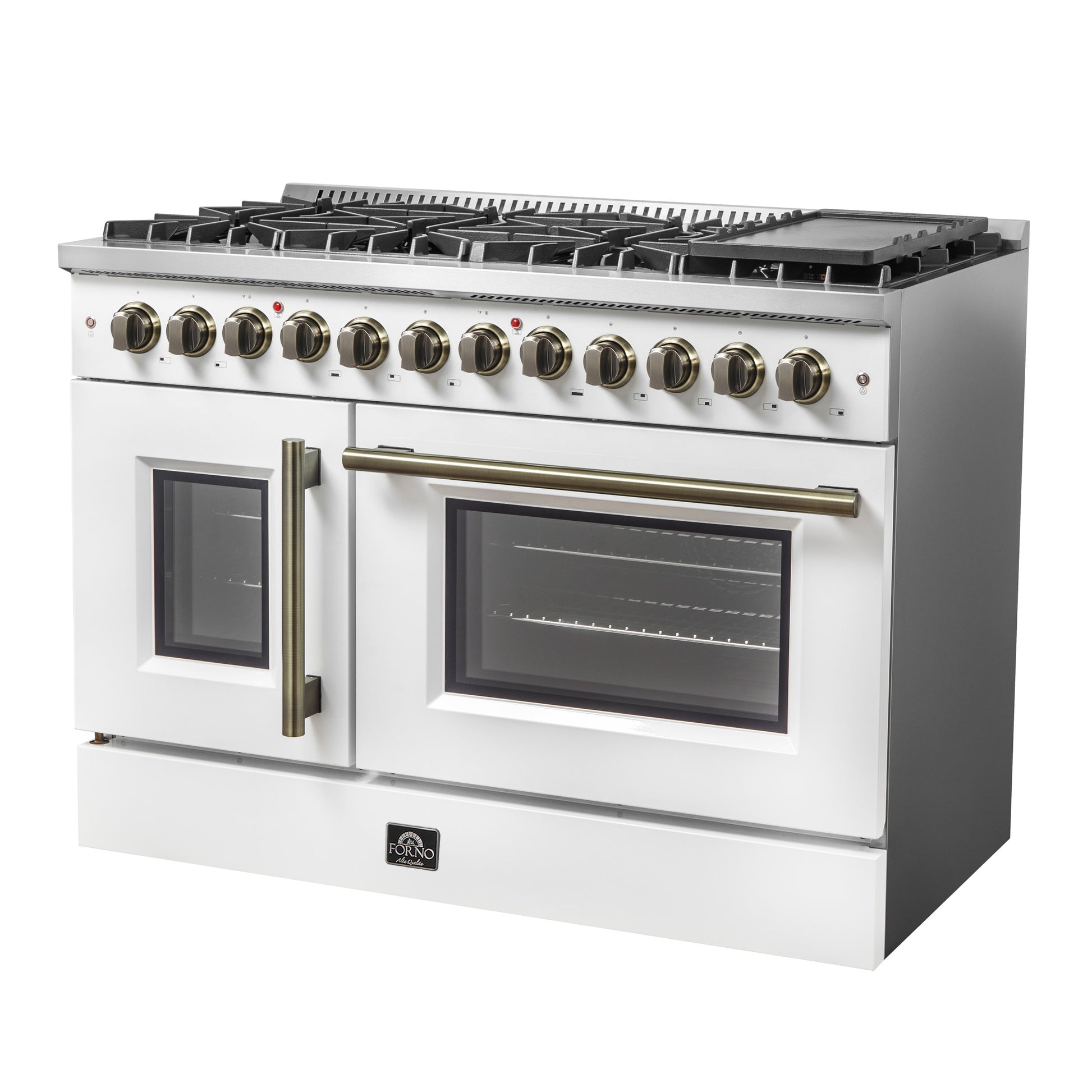Forno Galiano 48-inch French Door Dual Fuel Range, White & Antique Brass Design, 8 Sealed Burners - 107,000 BTU, Griddle, 6.58 cu.ft. Double Ovens - Forno Appliances
