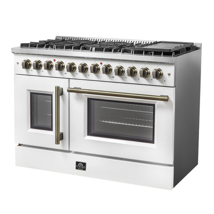 Forno Galiano 48-inch French Door Dual Fuel Range, White & Antique Brass Design, 8 Sealed Burners - 107,000 BTU, Griddle, 6.58 cu.ft. Double Ovens - Forno Appliances