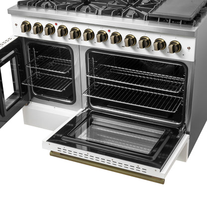 Forno Galiano 48-inch French Door Dual Fuel Range, White & Antique Brass Design, 8 Sealed Burners - 107,000 BTU, Griddle, 6.58 cu.ft. Double Ovens - Forno Appliances