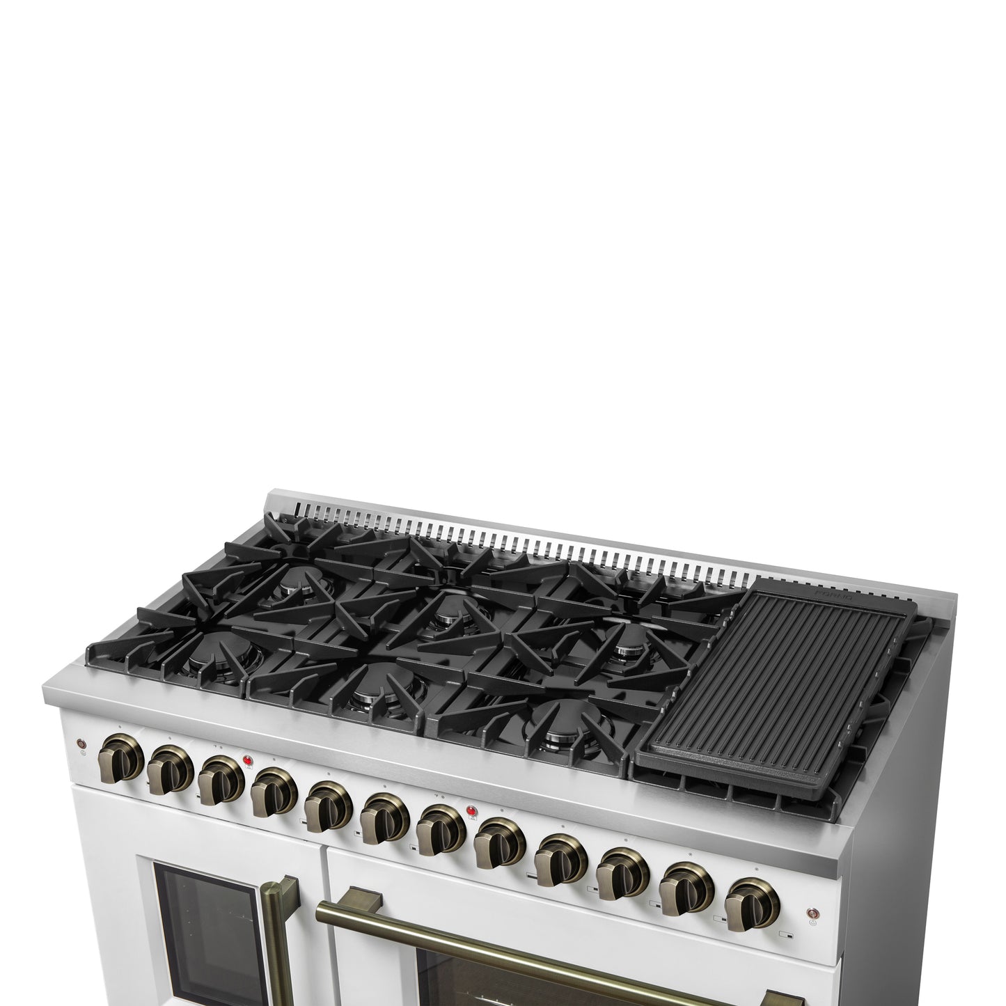 Forno Galiano 48-inch French Door Dual Fuel Range, White & Antique Brass Design, 8 Sealed Burners - 107,000 BTU, Griddle, 6.58 cu.ft. Double Ovens - Forno Appliances