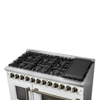 Forno Galiano 48-inch French Door Dual Fuel Range, White & Antique Brass Design, 8 Sealed Burners - 107,000 BTU, Griddle, 6.58 cu.ft. Double Ovens - Forno Appliances