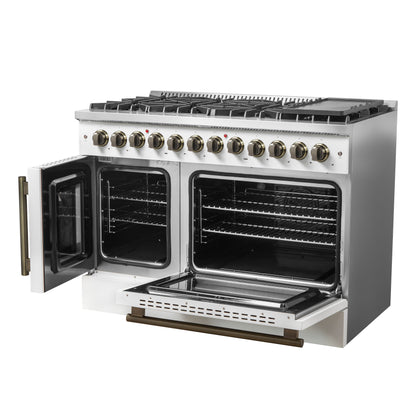 Forno Galiano 48-inch French Door Dual Fuel Range, White & Antique Brass Design, 8 Sealed Burners - 107,000 BTU, Griddle, 6.58 cu.ft. Double Ovens - Forno Appliances