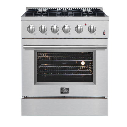 Cuisinière Forno Marco 30 pouces biénergie, acier inoxydable, 4 brûleurs, 37 000 BTU, four à convection véritable, économe en énergie - Forno Appliances