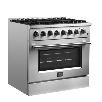 Forno Marco 36-Inch Dual Fuel Range, Stainless Steel, 6 Burners, 67,000 BTU, True Convection Oven, Energy Efficient - Forno Appliances