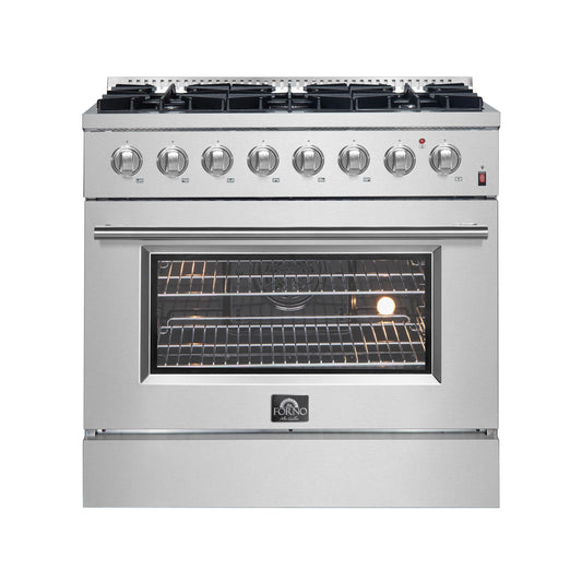 Forno Marco 36-Inch Dual Fuel Range, Stainless Steel, 6 Burners, 67,000 BTU, True Convection Oven, Energy Efficient - Forno Appliances