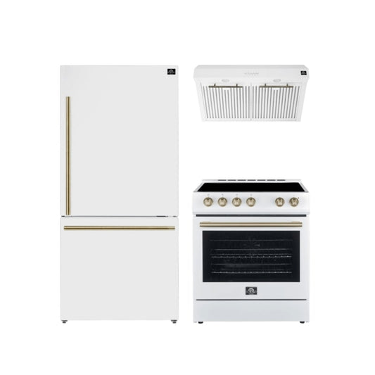 FORNO Premium 3-Piece Kitchen Bundle - Leonardo Espresso 30" White Range, 30" White Range Hood, 31" White Refrigerator - FBDL-001-03CA - Forno Appliances
