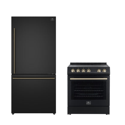 Ensemble de cuisine haut de gamme FORNO 2 pièces - Leonardo Espresso 30" Gamme noire, 31" Réfrigérateur à congélateur inférieur noir - FBDL-003-02CA
