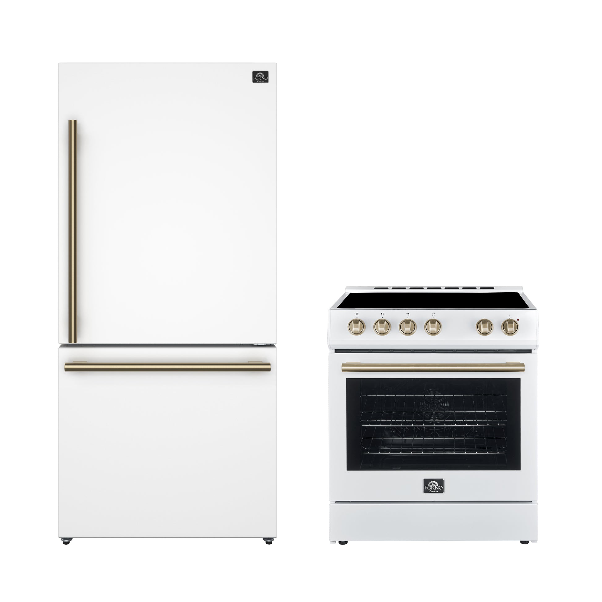 FORNO Premium 2-Piece Kitchen Bundle - Leonardo Espresso 30" White Range, 31" White Bottom Freezer Refrigerator - FBDL-003-03CA - Forno Appliances