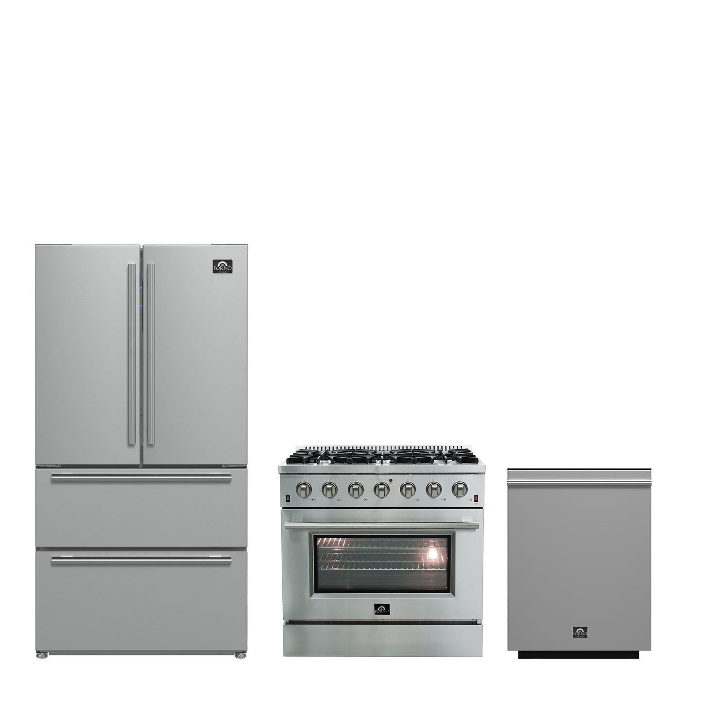 FORNO Premium 3-Piece Kitchen Bundle - Galiano 36" Gas Range, 36" French Door Refrigerator, 24" Built-In Dishwasher - FBDL-004-01CAUS - Forno Appliances