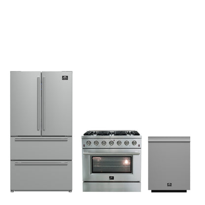 FORNO Premium 3-Piece Kitchen Bundle - Galiano 36" Gas Range, 36" French Door Refrigerator, 24" Built-In Dishwasher - FBDL-004-01CAUS - Forno Appliances