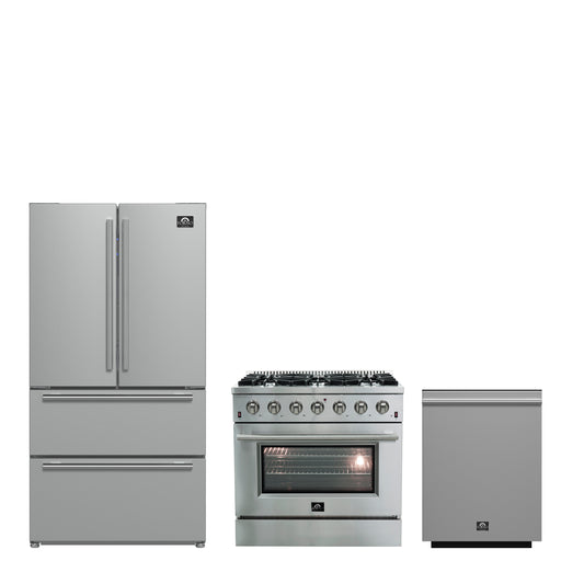 FORNO Premium 3-Piece Kitchen Bundle - Galiano 36" Gas Range, 36" French Door Refrigerator, 24" Built-In Dishwasher - FBDL-004-01CAUS - Forno Appliances