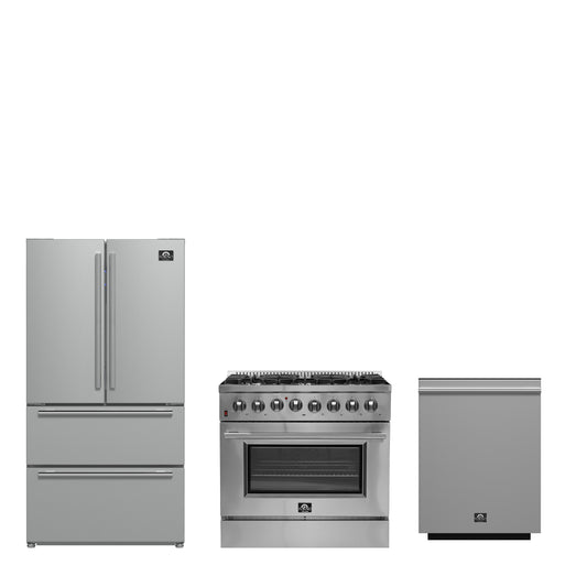 FORNO Premium 3-Piece Kitchen Bundle - Galiano 36" Dual Fuel Range, 36" French Door Refrigerator, 24" Built-In Dishwasher - FBDL-004-02CAUS - Forno Appliances