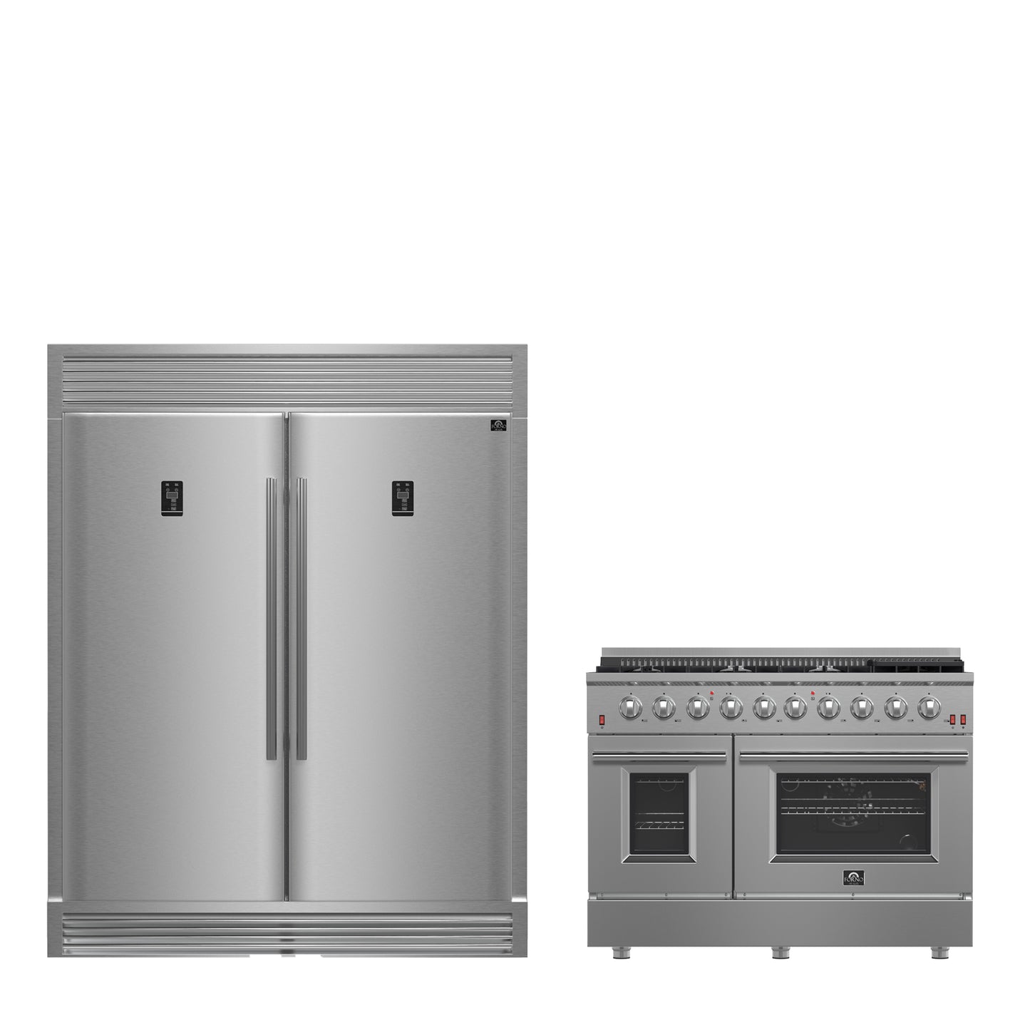 FORNO Ensemble cuisine premium 2 pièces - cuisinière à double combustible Galiano 48" en acier inoxydable, réfrigérateur convertible côte à côte 60" en acier inoxydable - FBDL-005-02CAUS - Forno Appliances