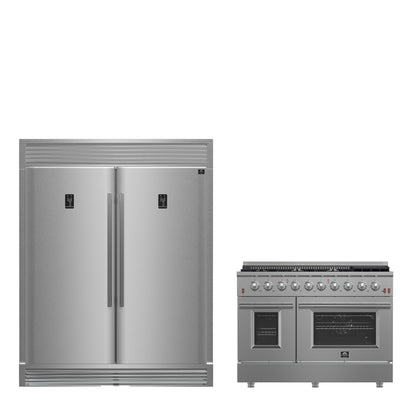 FORNO Ensemble cuisine premium 2 pièces - cuisinière à double combustible Galiano 48" en acier inoxydable, réfrigérateur convertible côte à côte 60" en acier inoxydable - FBDL-005-02CAUS - Forno Appliances