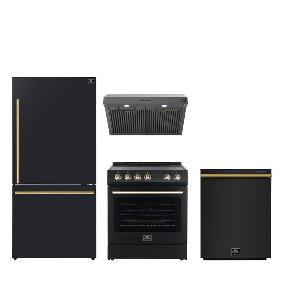 FORNO Ensemble cuisine Premium 4 pièces - cuisinière noire Leonardo Espresso 30", hotte noire 30", réfrigérateur congélateur bas noir 31", lave-vaisselle encastrable noir 24" - FBDL-006-02CA - Forno Appliances