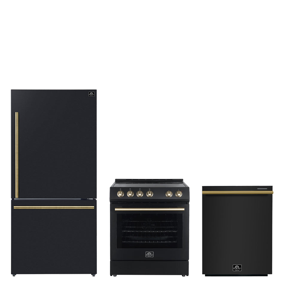 FORNO Premium Ensemble cuisine 3 pièces - cuisinière noire Leonardo Espresso 30", réfrigérateur noir 31" avec congélateur en bas, lave-vaisselle encastrable noir 24" - FBDL-007-02CA - Forno Appliances
