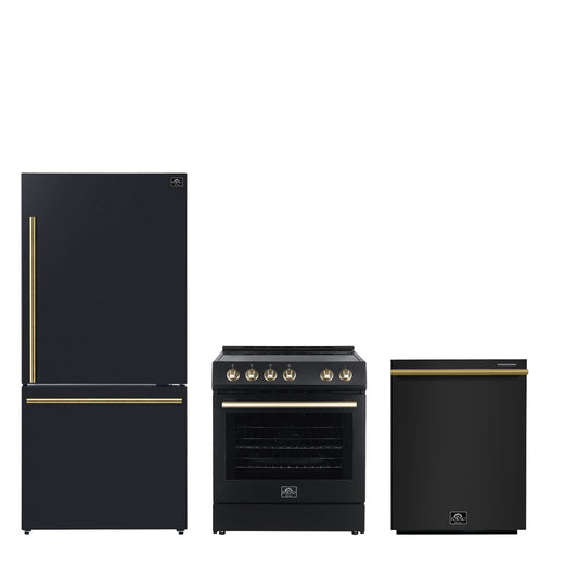 FORNO Premium 3-Piece Kitchen Bundle - Leonardo Espresso 30" Black Range, 31" Black Bottom Freezer Refrigerator, 24" Black Built-In Dishwasher - FBDL-007-02CA - Forno Appliances