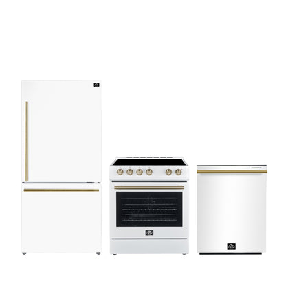 FORNO Premium 3-Piece Kitchen Bundle - Leonardo Espresso 30" White Range, 31" White Bottom Freezer Refrigerator, 24" White Built-In Dishwasher - FBDL-007-03CA - Forno Appliances