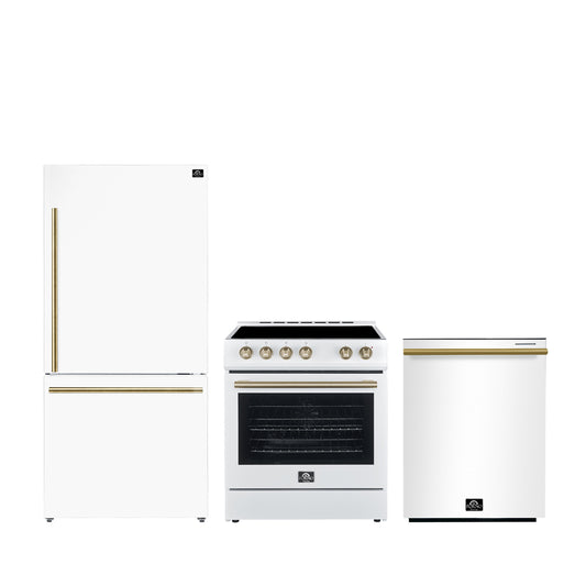 FORNO Premium 3-Piece Kitchen Bundle - Leonardo Espresso 30" White Range, 31" White Bottom Freezer Refrigerator, 24" White Built-In Dishwasher - FBDL-007-03CA - Forno Appliances