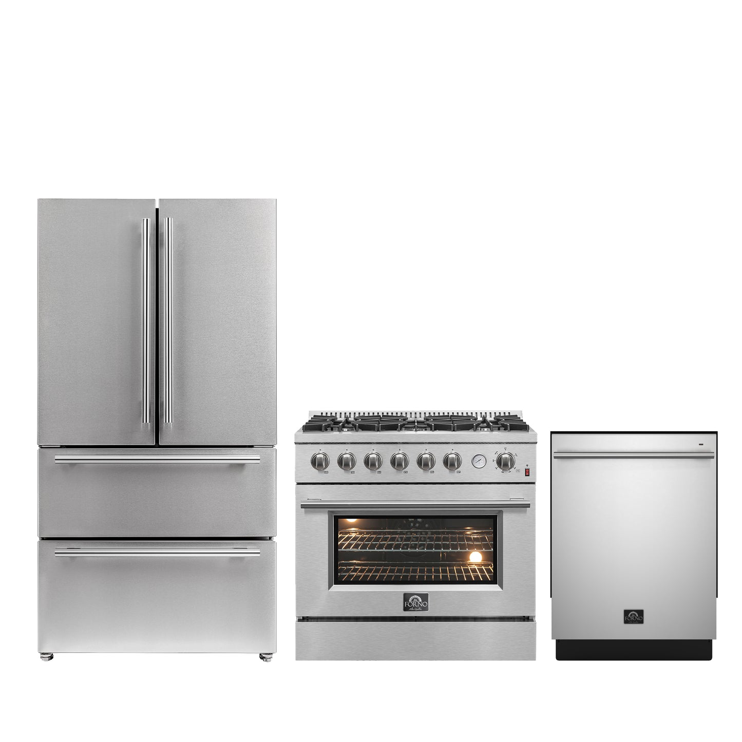 FORNO Premium 3-Piece Kitchen Bundle - 36" Gas Range, French Door Refrigerator, Built-In Dishwasher, Stainless Steel - FBDL-009-01CAUS - Forno Appliances