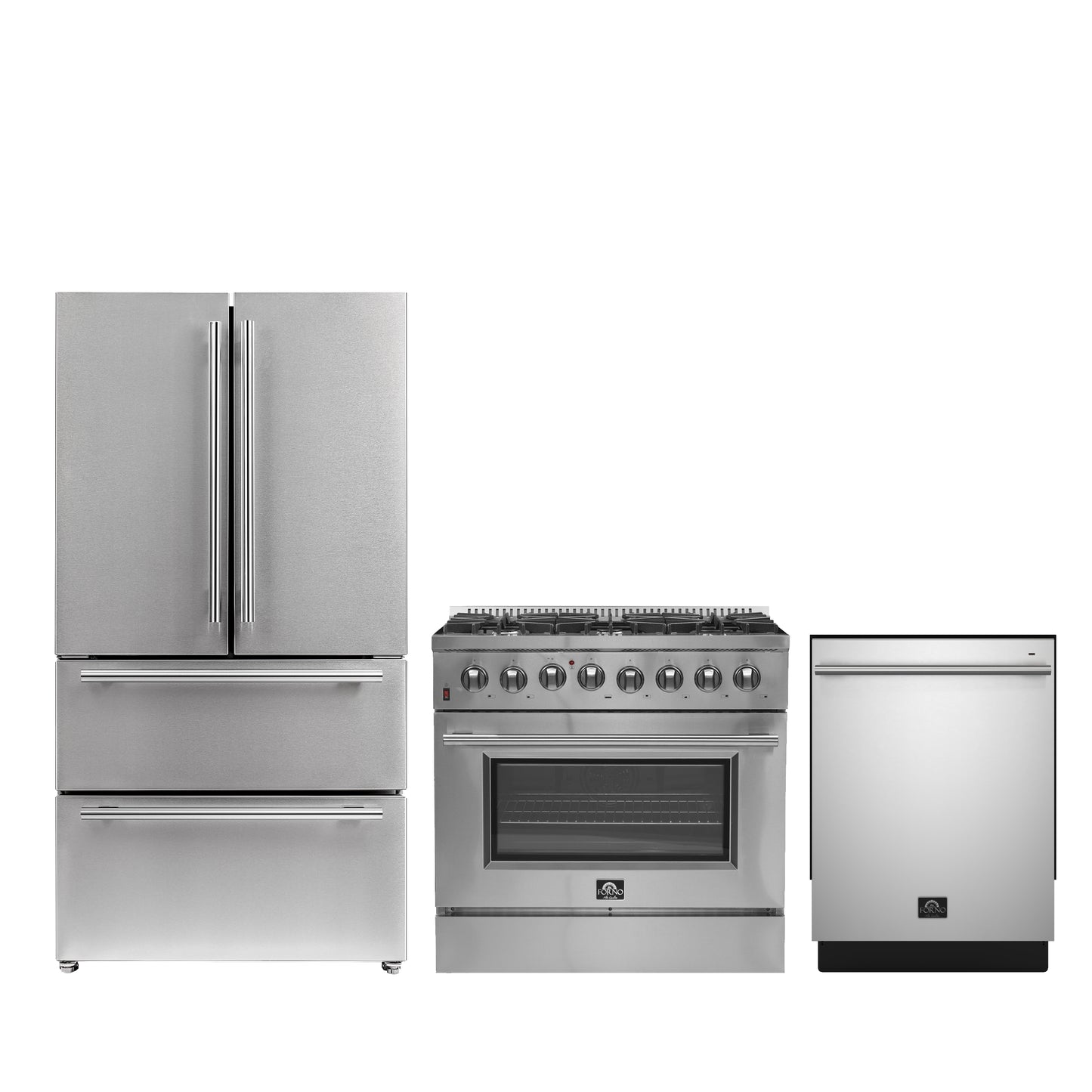 FORNO Premium 3-Piece Kitchen Bundle - 36" Gas Range, 36" French Door Refrigerator, 24" Built-In Dishwasher, Stainless Steel - FBDL-009-02CAUS - Forno Appliances