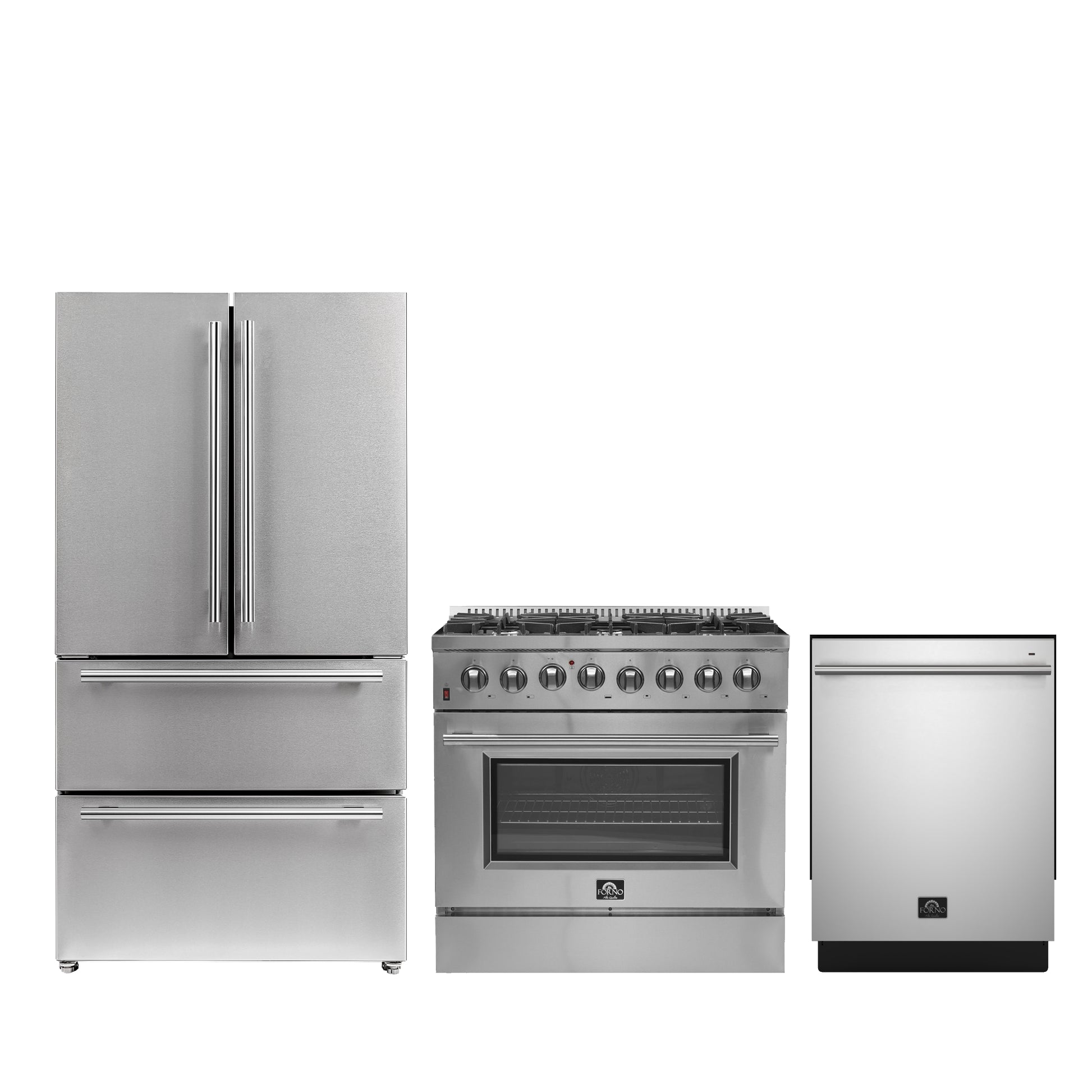 FORNO Premium 3-Piece Kitchen Bundle - 36" Gas Range, 36" French Door Refrigerator, 24" Built-In Dishwasher, Stainless Steel - FBDL-009-02CAUS - Forno Appliances