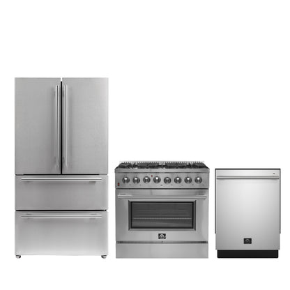 FORNO Premium 3-Piece Kitchen Bundle - 36" Gas Range, 36" French Door Refrigerator, 24" Built-In Dishwasher, Stainless Steel - FBDL-009-02CAUS - Forno Appliances