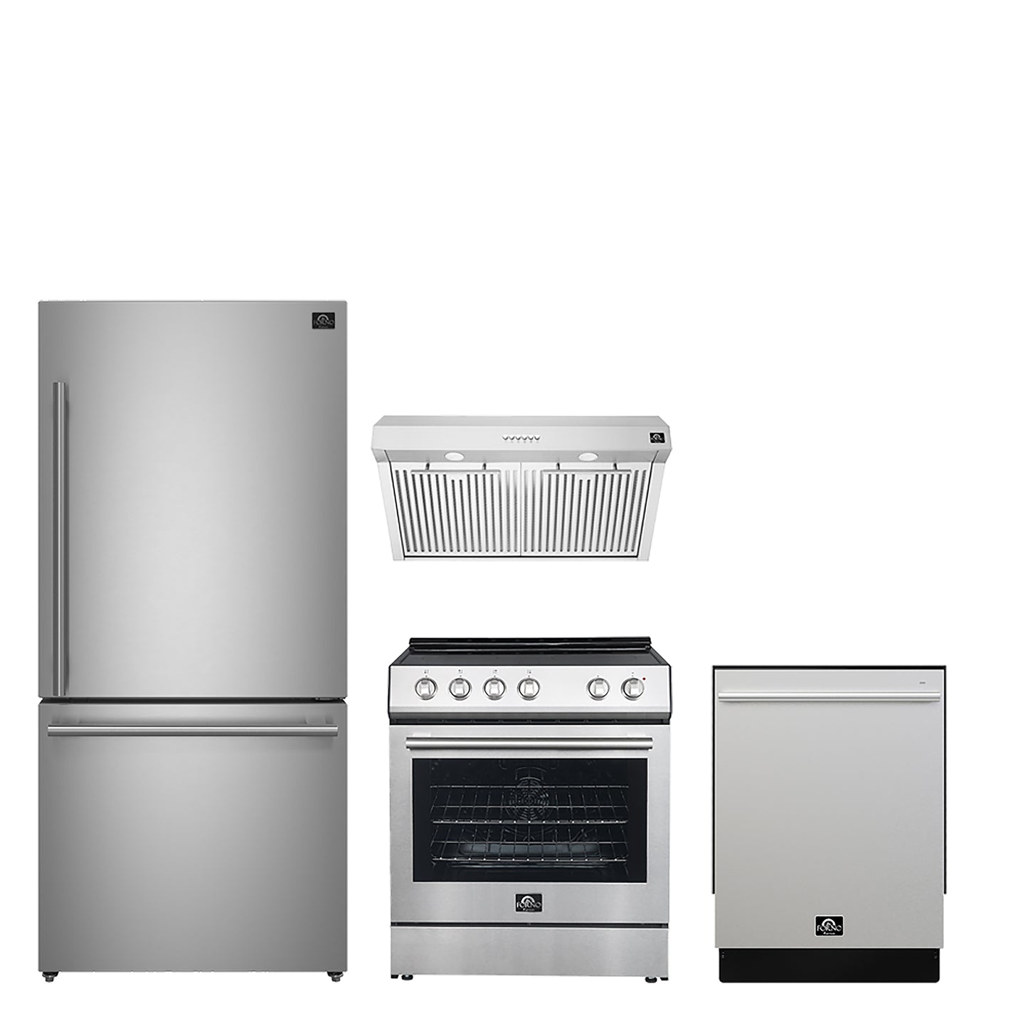 FORNO Premium 4-Piece Kitchen Bundle - 30" Electric Range, 30" Range Hood, 31" French Door Refrigerator, 24" Built-In Dishwasher, Stainless Steel - FBDL-010-01CA - Forno Appliances