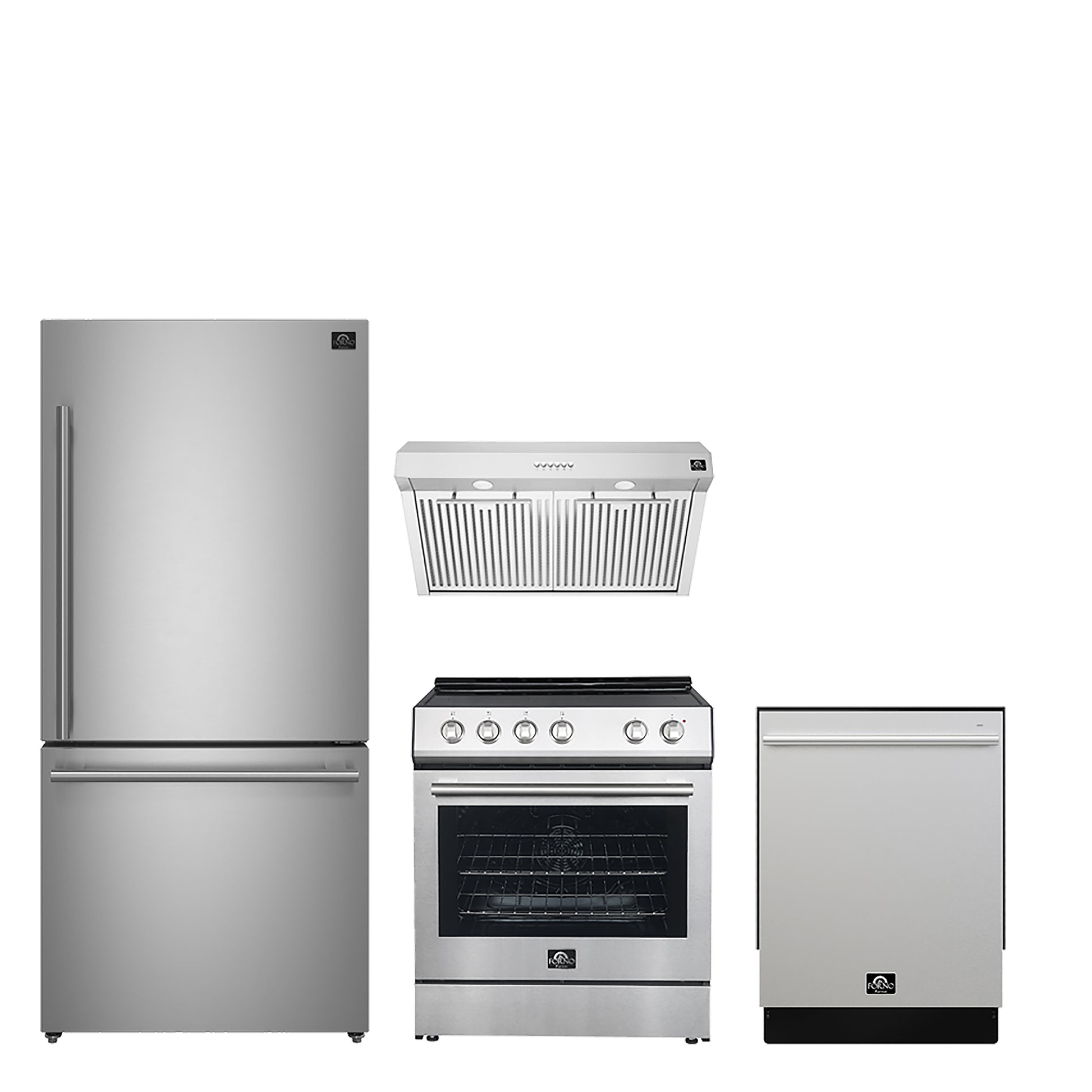 FORNO Premium 4-Piece Kitchen Bundle - 30" Electric Range, 30" Range Hood, 31" French Door Refrigerator, 24" Built-In Dishwasher, Stainless Steel - FBDL-010-01CA - Forno Appliances