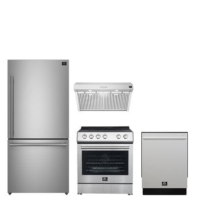 FORNO Premium 4-Piece Kitchen Bundle - 30" Electric Range, 30" Range Hood, 31" French Door Refrigerator, 24" Built-In Dishwasher, Stainless Steel - FBDL-010-01CA - Forno Appliances