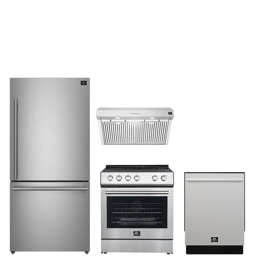 FORNO Premium 4-Piece Kitchen Bundle - 30" Electric Range, 30" Range Hood, 31" French Door Refrigerator, 24" Built-In Dishwasher, Stainless Steel - FBDL-010-01CA - Forno Appliances