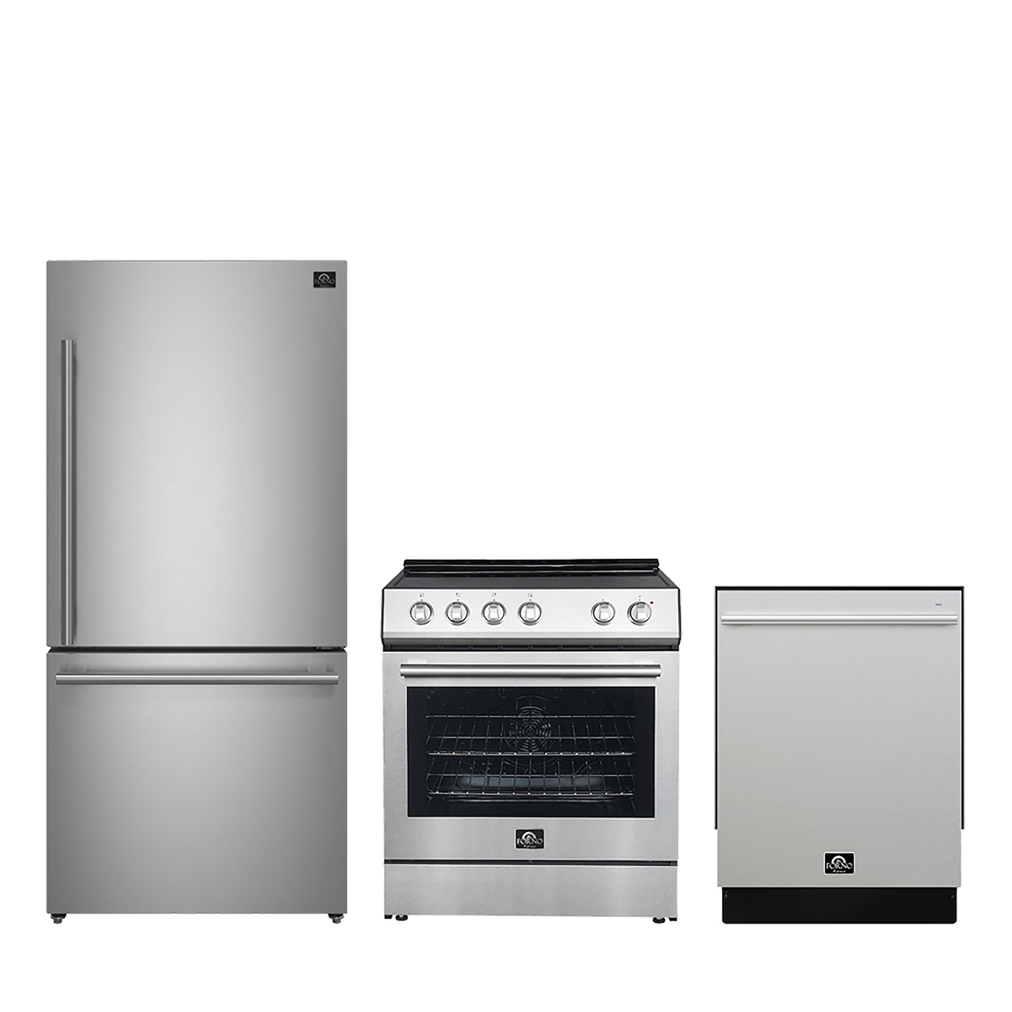 FORNO Premium 3-Piece Kitchen Bundle - 30" Electric Range, 31" French Door Refrigerator, 24" Built-In Dishwasher, Stainless Steel - FBDL-011-01CA - Forno Appliances