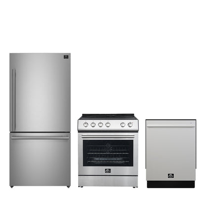 FORNO Premium 3-Piece Kitchen Bundle - 30" Electric Range, 31" French Door Refrigerator, 24" Built-In Dishwasher, Stainless Steel - FBDL-011-01CA - Forno Appliances