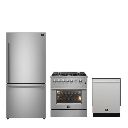 FORNO Premium 3-Piece Kitchen Bundle - 30" Gas Range, Bottom Freezer Refrigerator, Built-In Dishwasher, Stainless Steel - FBDL-012-01CAUS - Forno Appliances