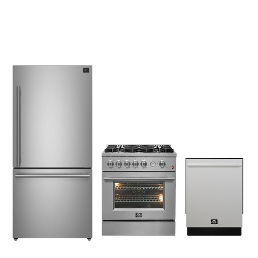FORNO Premium 3-Piece Kitchen Bundle - 30" Gas Range, Bottom Freezer Refrigerator, Built-In Dishwasher, Stainless Steel - FBDL-012-01CAUS - Forno Appliances