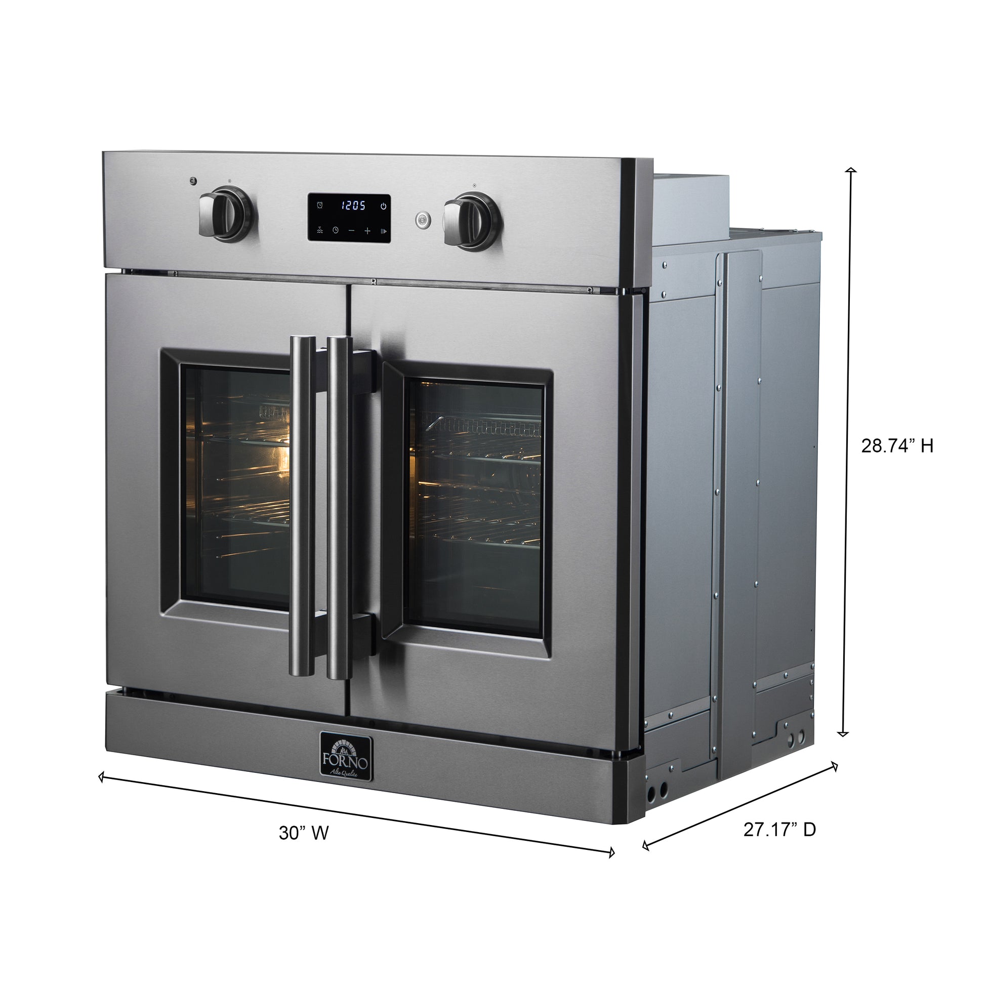 Forno Asti 30-Inch French Door Electric Wall Oven in Stainless Steel, 3.68 cu. ft. True Convection, 3,600W, Air Fry, Sous Vide, Self-Clean - Forno Appliances
