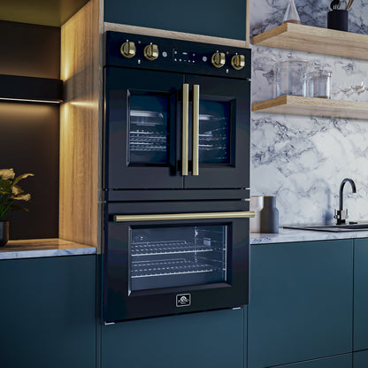 Forno Asti 30-Inch Double Electric Wall Oven with Upper French Doors in Black & Antique Brass, 7.36 cu. ft. Dual True Convection, 7,200W, Air Fry, Sous Vide, Self-Clean - Forno Appliances