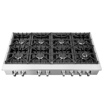Forno Cossato Alta Qualita 48-Inch Pro-Style Gas Rangetop, Stainless Steel, 8 Sealed Burners, 107,000 BTU Total Output, Continuous Cast Iron Grates - Forno Appliances