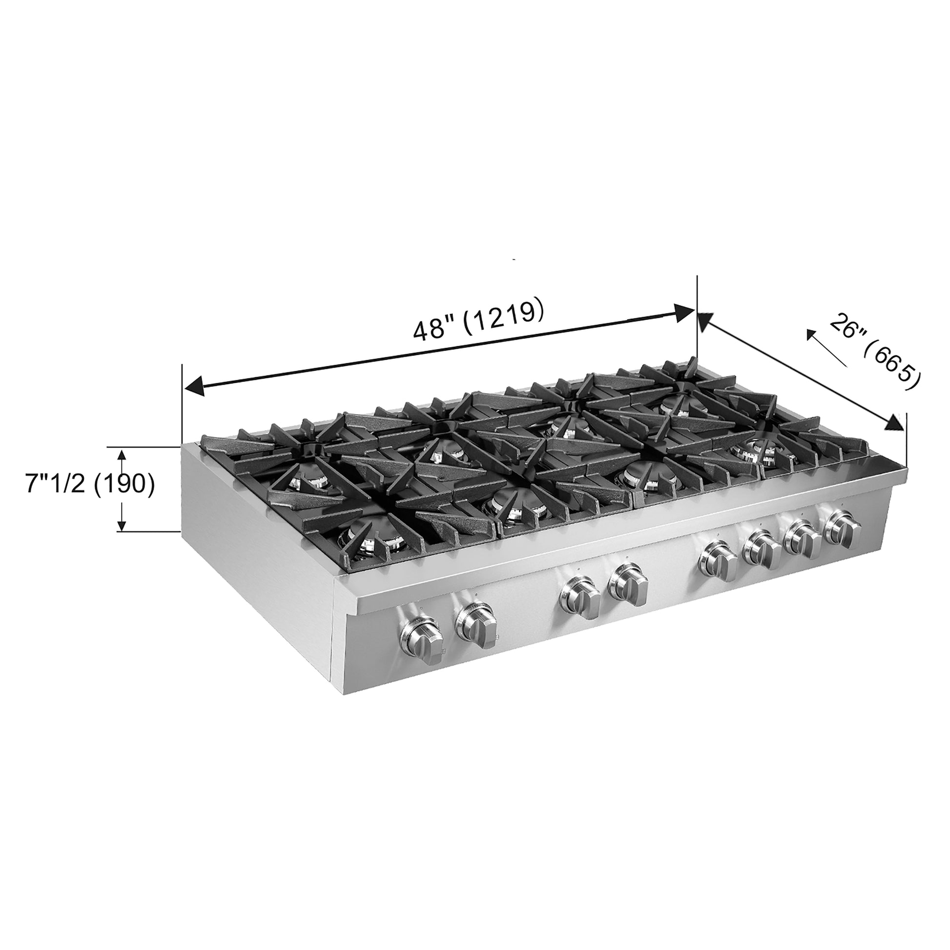 Forno Cossato Alta Qualita 48-Inch Pro-Style Gas Rangetop, Stainless Steel, 8 Sealed Burners, 107,000 BTU Total Output, Continuous Cast Iron Grates - Forno Appliances