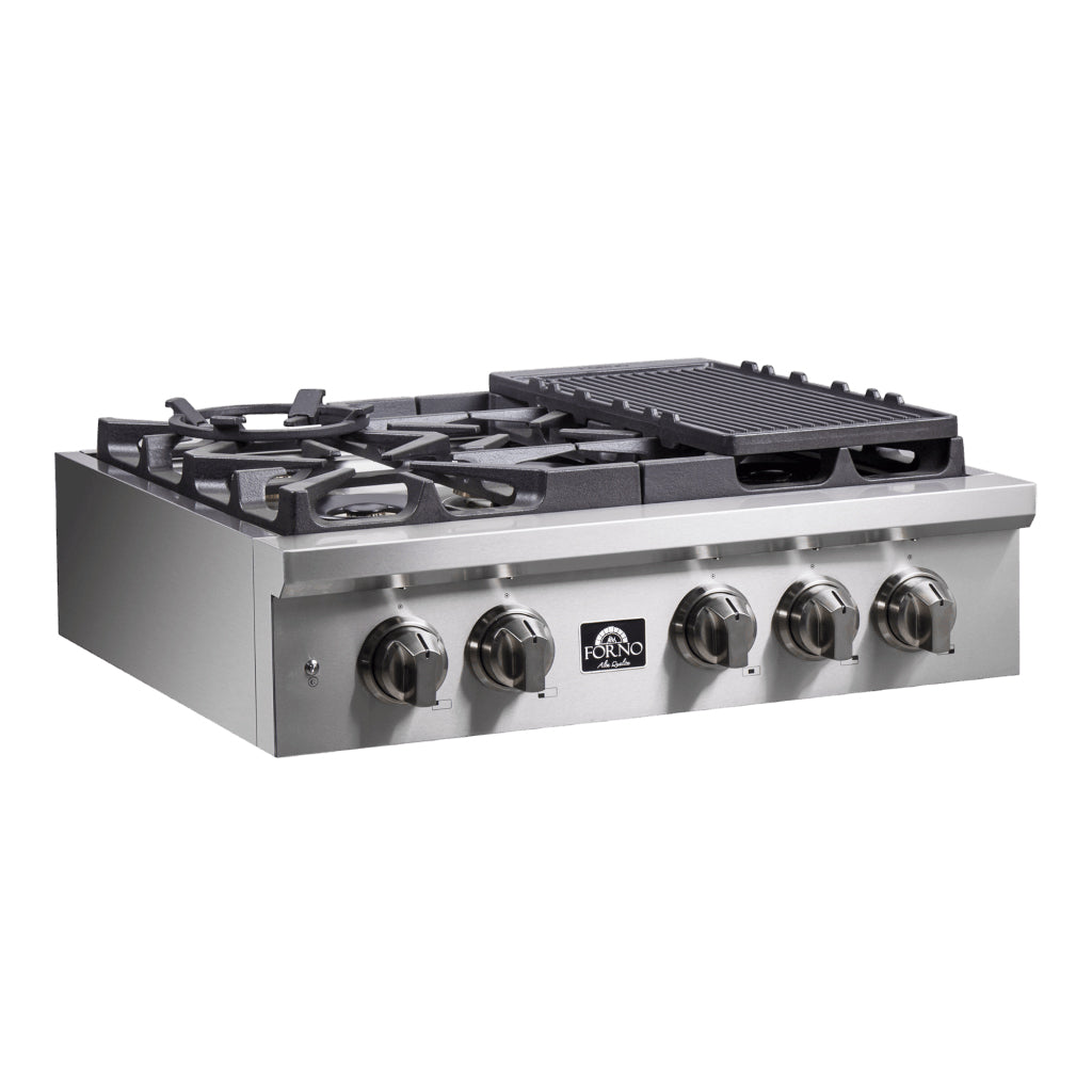 Forno Spezia Alta Qualita 30-Inch Pro-Style Gas Rangetop, Stainless Steel, 5 Sealed Burners, Continuous Cast Iron Grates, High Heat Output - Forno Appliances