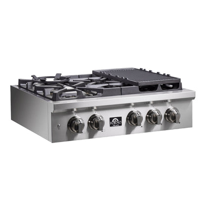 Forno Spezia Alta Qualita 30-Inch Pro-Style Gas Rangetop, Stainless Steel, 5 Sealed Burners, Continuous Cast Iron Grates, High Heat Output - Forno Appliances