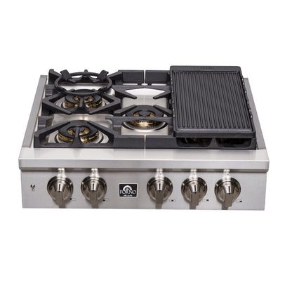 Forno Spezia Alta Qualita 30-Inch Pro-Style Gas Rangetop, Stainless Steel, 5 Sealed Burners, Continuous Cast Iron Grates, High Heat Output - Forno Appliances