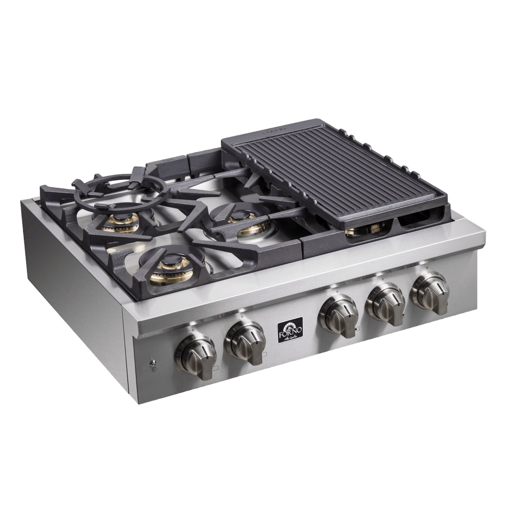 Forno Spezia Alta Qualita 30-Inch Pro-Style Gas Rangetop, Stainless Steel, 5 Sealed Burners, Continuous Cast Iron Grates, High Heat Output - Forno Appliances
