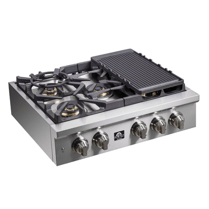 Forno Spezia Alta Qualita 30-Inch Pro-Style Gas Rangetop, Stainless Steel, 5 Sealed Burners, Continuous Cast Iron Grates, High Heat Output - Forno Appliances