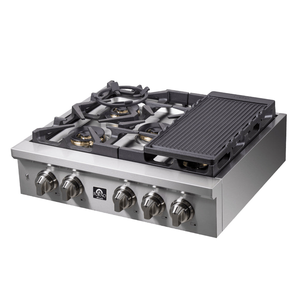 Forno Spezia Alta Qualita 30-Inch Pro-Style Gas Rangetop, Stainless Steel, 5 Sealed Burners, Continuous Cast Iron Grates, High Heat Output - Forno Appliances