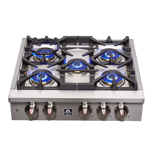 Forno Spezia Alta Qualita 30-Inch Pro-Style Gas Rangetop, Stainless Steel, 5 Sealed Burners, Continuous Cast Iron Grates, High Heat Output - Forno Appliances
