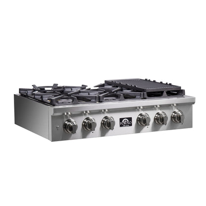 Forno Spezia Alta Qualita 36-Inch Pro-Style Gas Rangetop, Stainless Steel, 6 Sealed Burners, Continuous Cast Iron Grates, High Heat Output - Forno Appliances