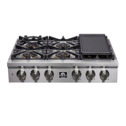 Forno Spezia Alta Qualita 36-Inch Pro-Style Gas Rangetop, Stainless Steel, 6 Sealed Burners, Continuous Cast Iron Grates, High Heat Output - Forno Appliances